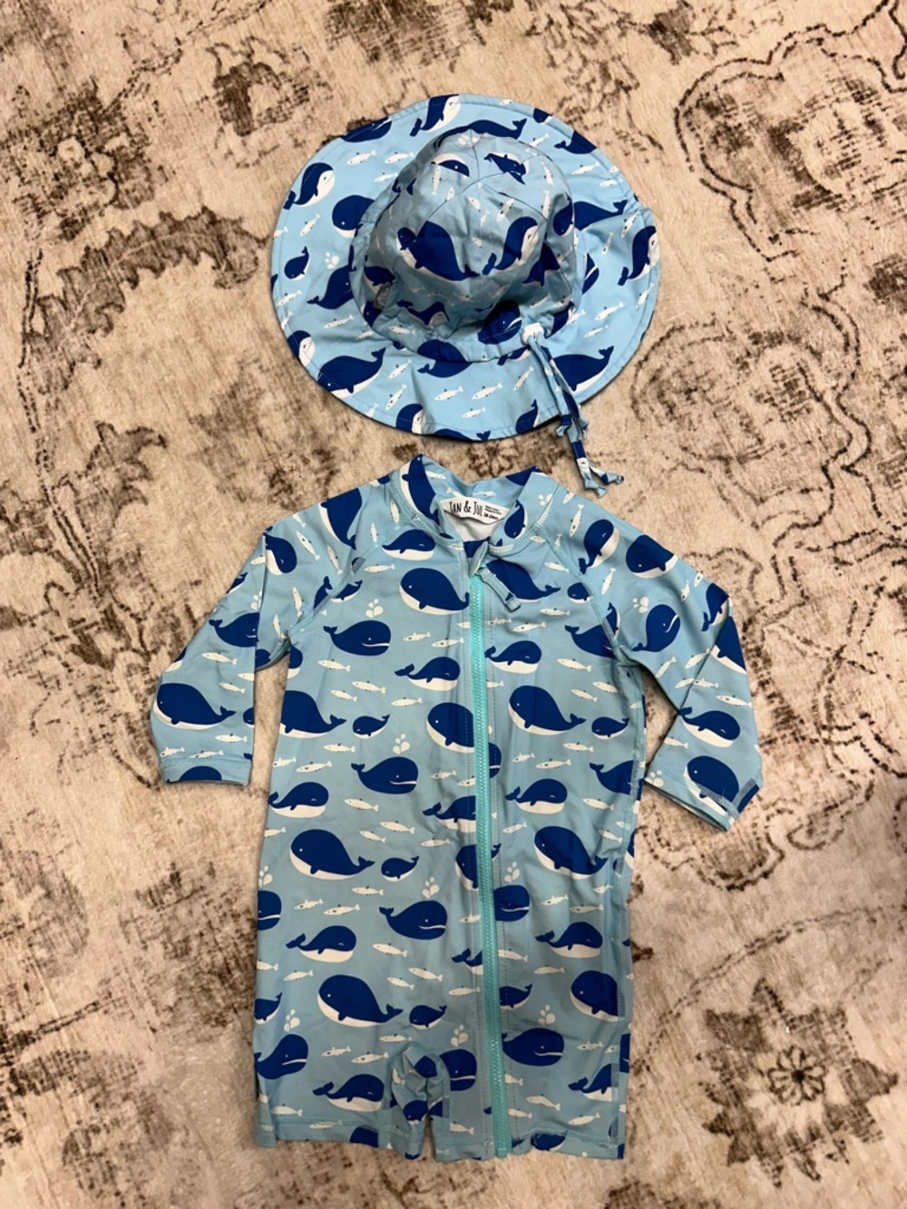 Jan & Jul Blue Whale Rash Guard Swimsuit with Matching Sun Hat